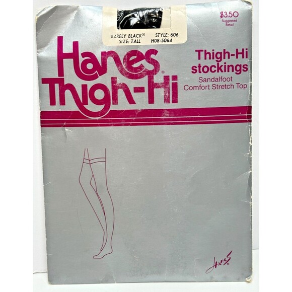 Hanes Thigh‎ High Stockings Barely Black Nylon Tall Sandal foot Vintage USA Made - Picture 1 of 2